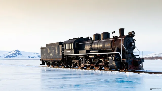 Frozen Iron Vista — Train on the glacier 4K wallpaper