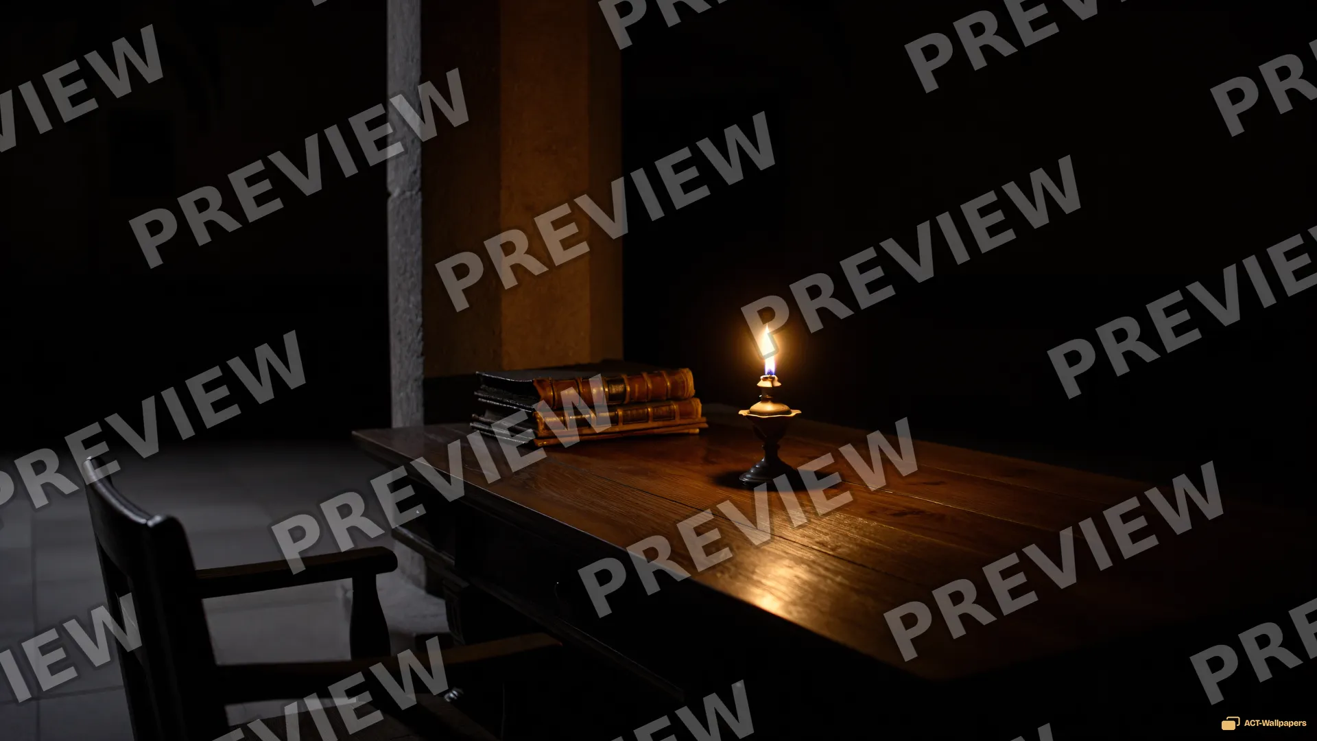 Scriptorium Oil Lamp — Dark interiors 4K wallpaper