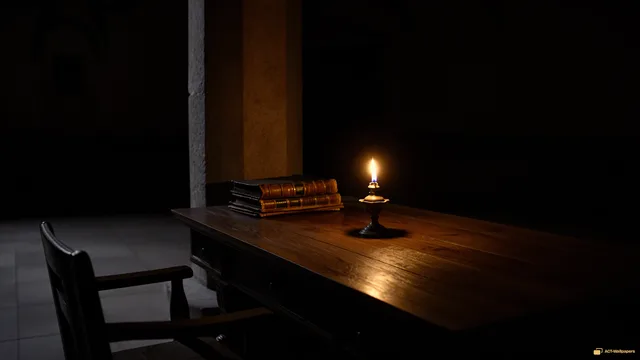 Scriptorium Oil Lamp — Dark interiors 4K wallpaper