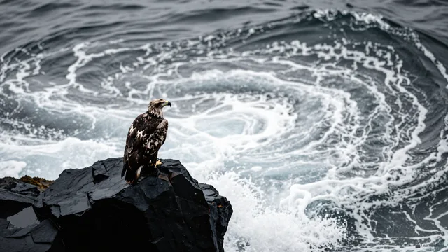 Aerial Basalt Sentinel — Sea eagle on the shore 4K wallpaper