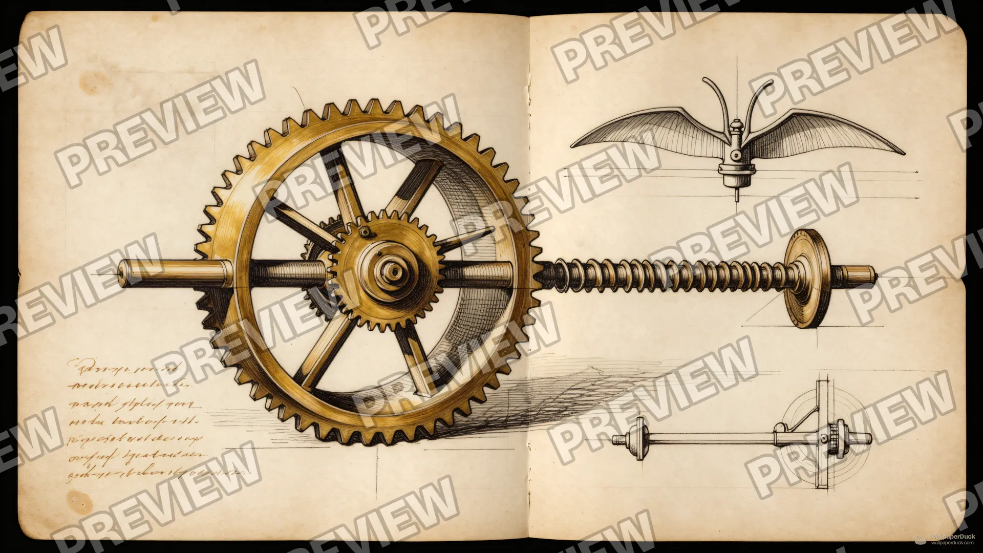 Inventor's Water Screw Study — Renaissance technical drawing 4K wallpaper