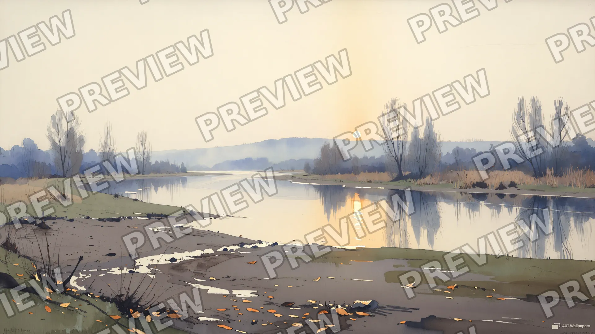 Autumn River Valley — Watercolour & impressionism 4K wallpaper