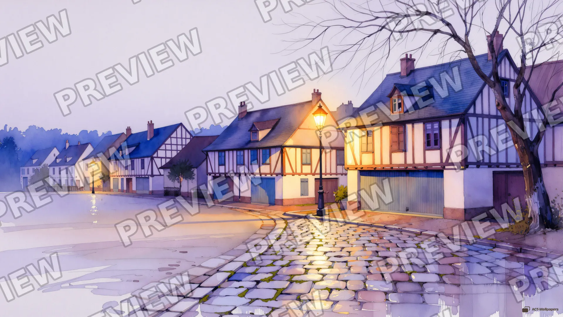 Village Square Dusk — Watercolour & impressionism 4K wallpaper