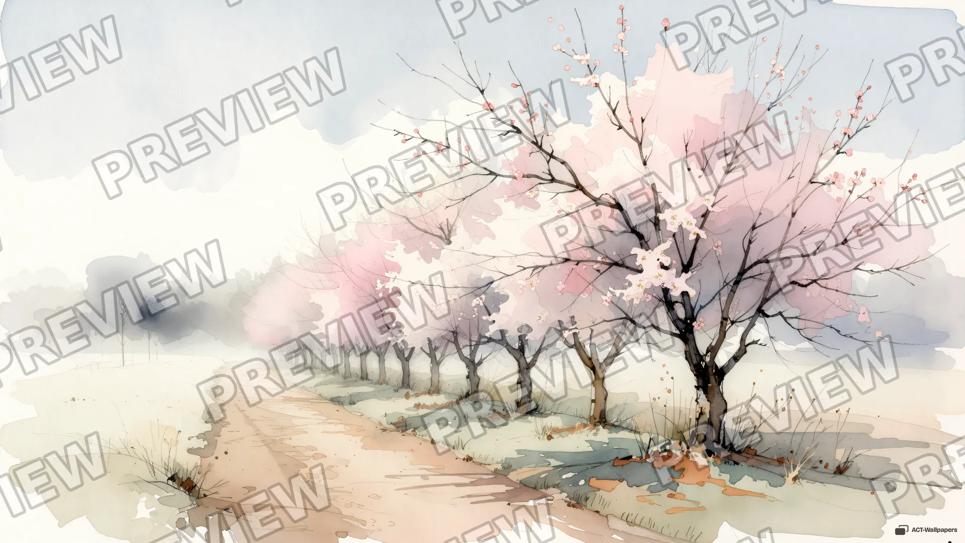 Misty Orchard Dawn — Watercolour & impressionism 4K wallpaper