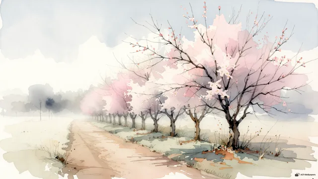 Misty Orchard Dawn — Watercolour & impressionism 4K wallpaper