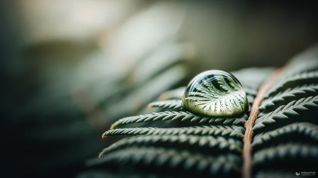 Fern Droplet Tension — Botanical macro 4K wallpaper
