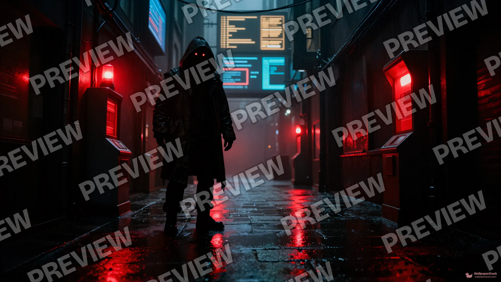 Red Kiosk Shadow — Cyberpunk city 4K wallpaper