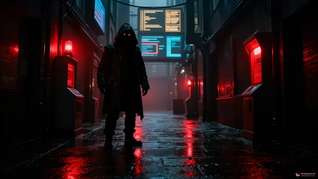 Red Kiosk Shadow — Cyberpunk city 4K wallpaper