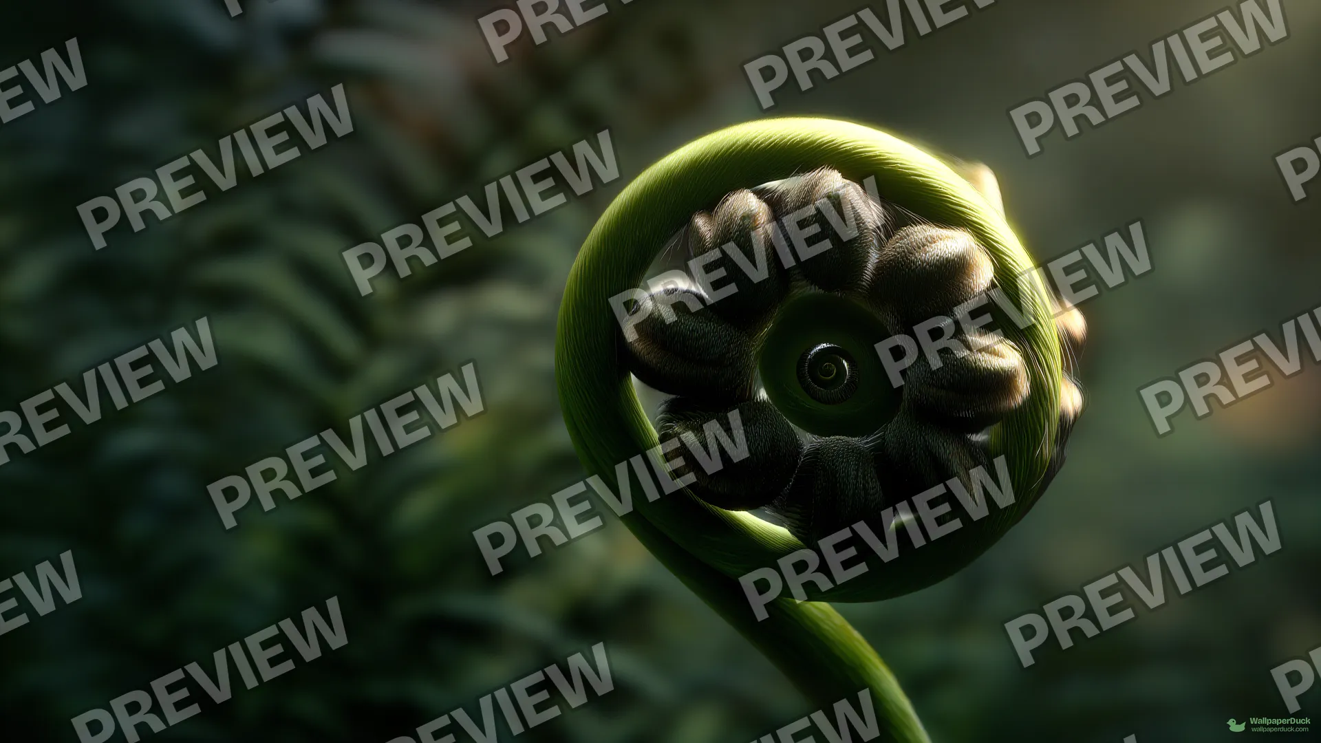 Unfurling Fiddlehead Spiral — Botanical macro 4K wallpaper