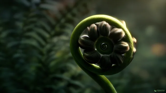 Unfurling Fiddlehead Spiral — Botanical macro 4K wallpaper