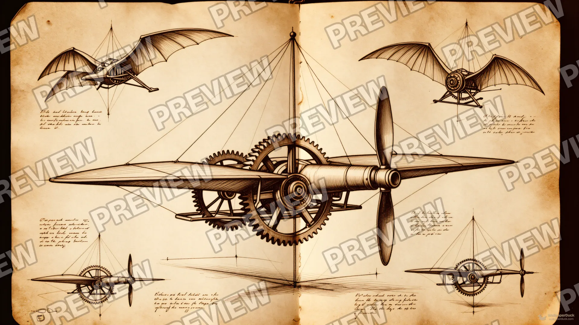 Inventor's Parchment Study — Renaissance technical drawing 4K wallpaper