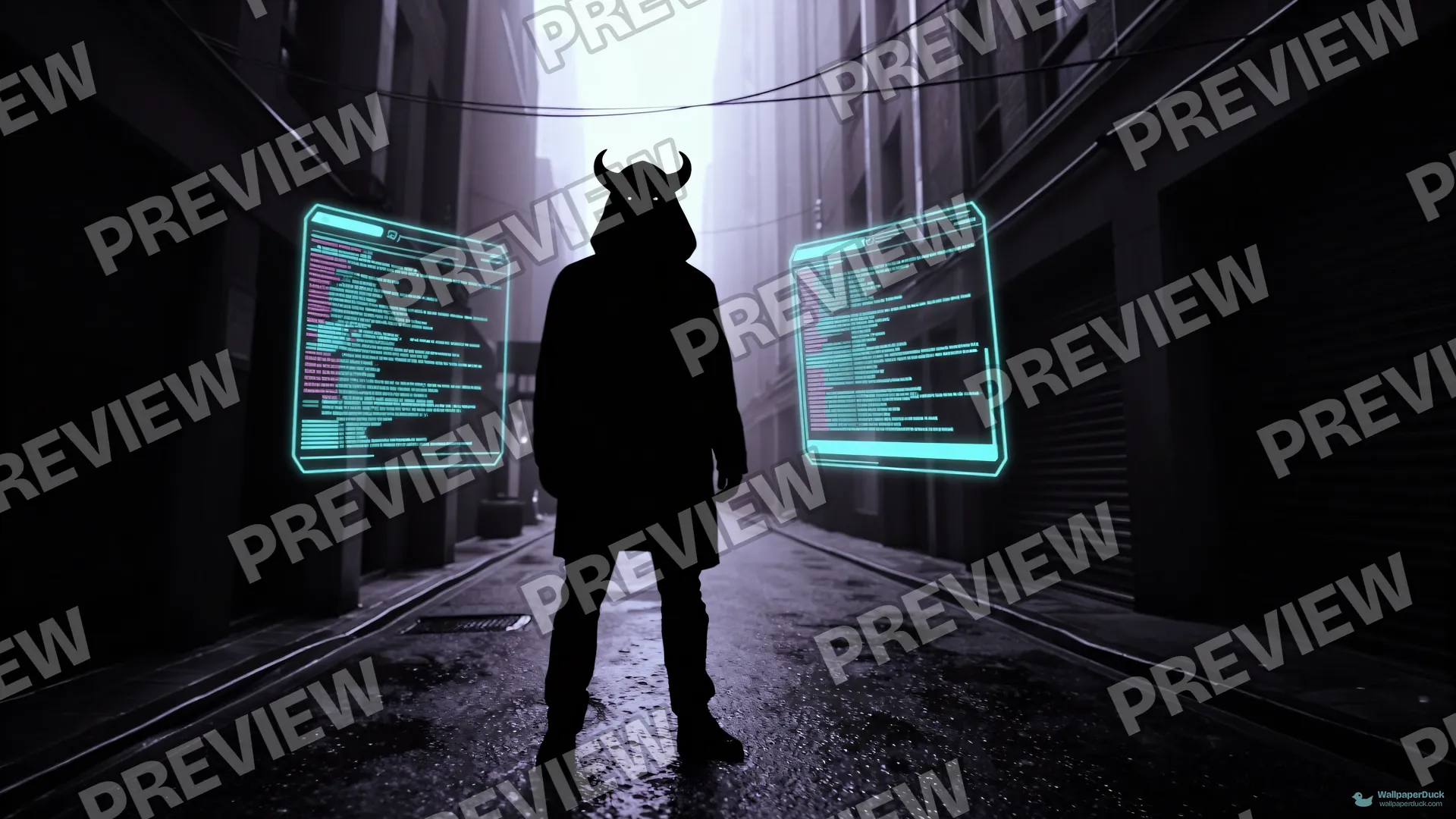 Horned Terminal Ghost — Cyberpunk city 4K wallpaper