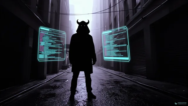 Horned Terminal Ghost — Cyberpunk city 4K wallpaper