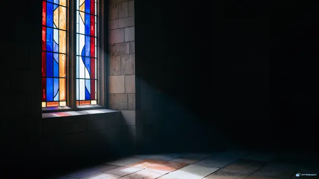 Cloister Light Pools — Stained-glass light 4K wallpaper