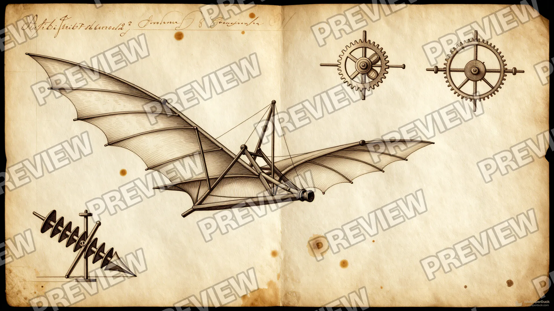 Inventor's Wing Study — Renaissance technical drawing 4K wallpaper