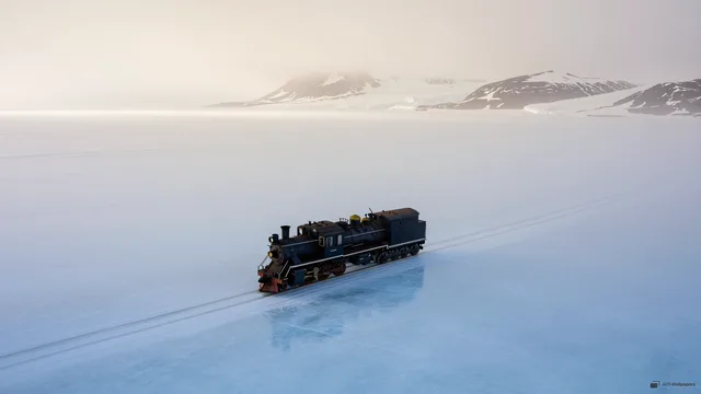 Glacial Isolation — Train on the glacier 4K wallpaper