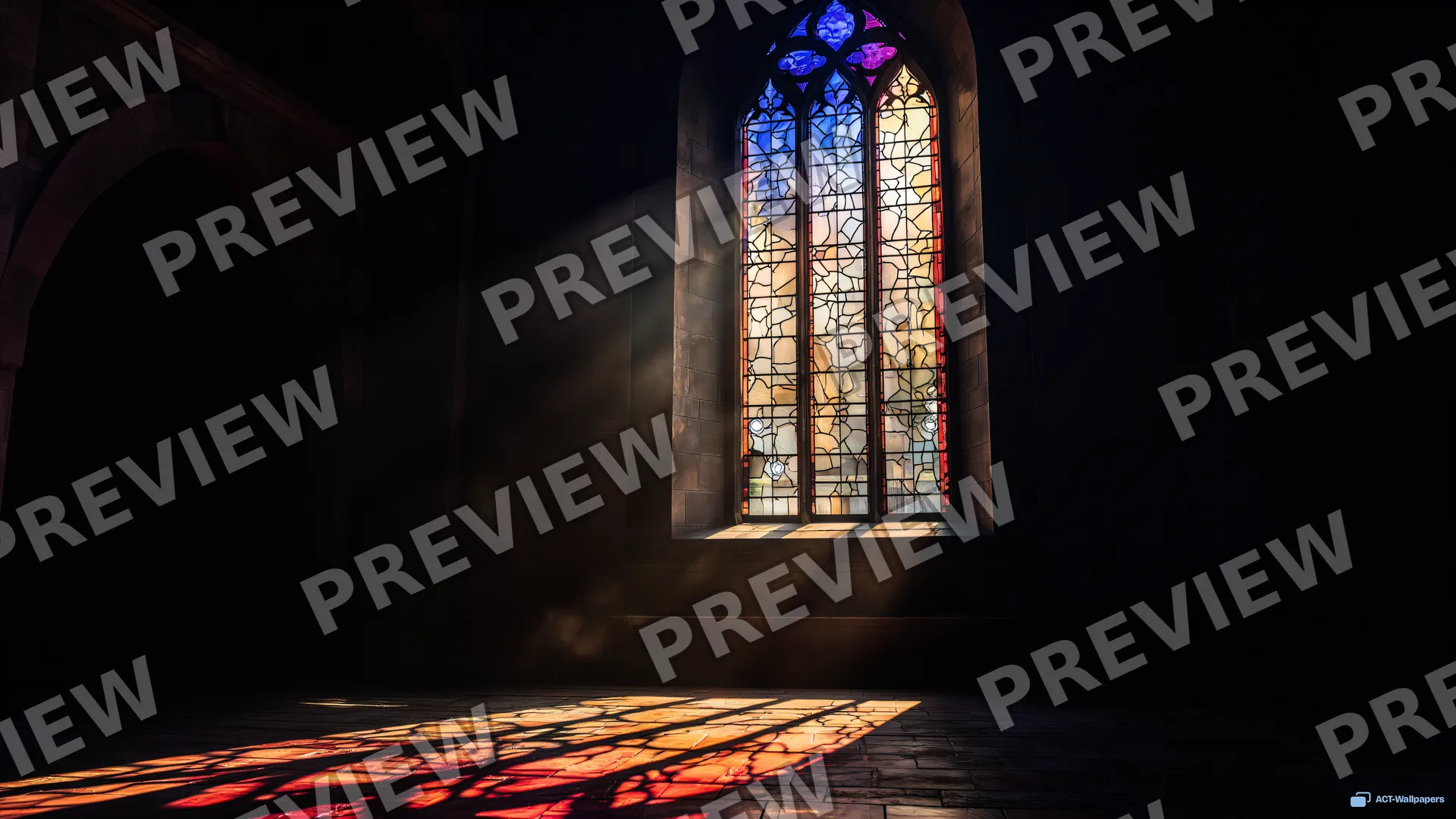 Cathedral Light Pools — Stained-glass light 4K wallpaper