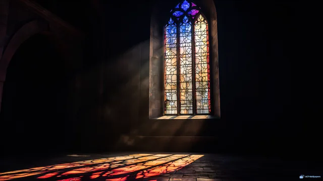 Cathedral Light Pools — Stained-glass light 4K wallpaper