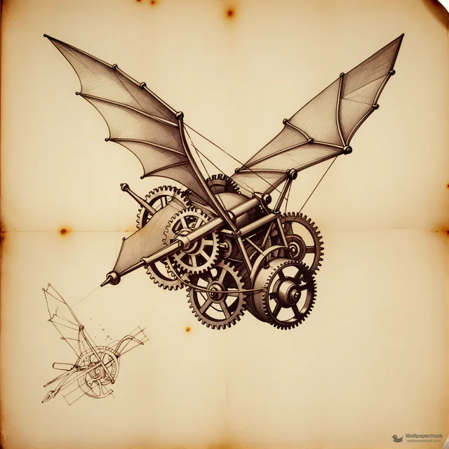 Renaissance Flight Blueprint — Renaissance technical drawing 4K wallpaper