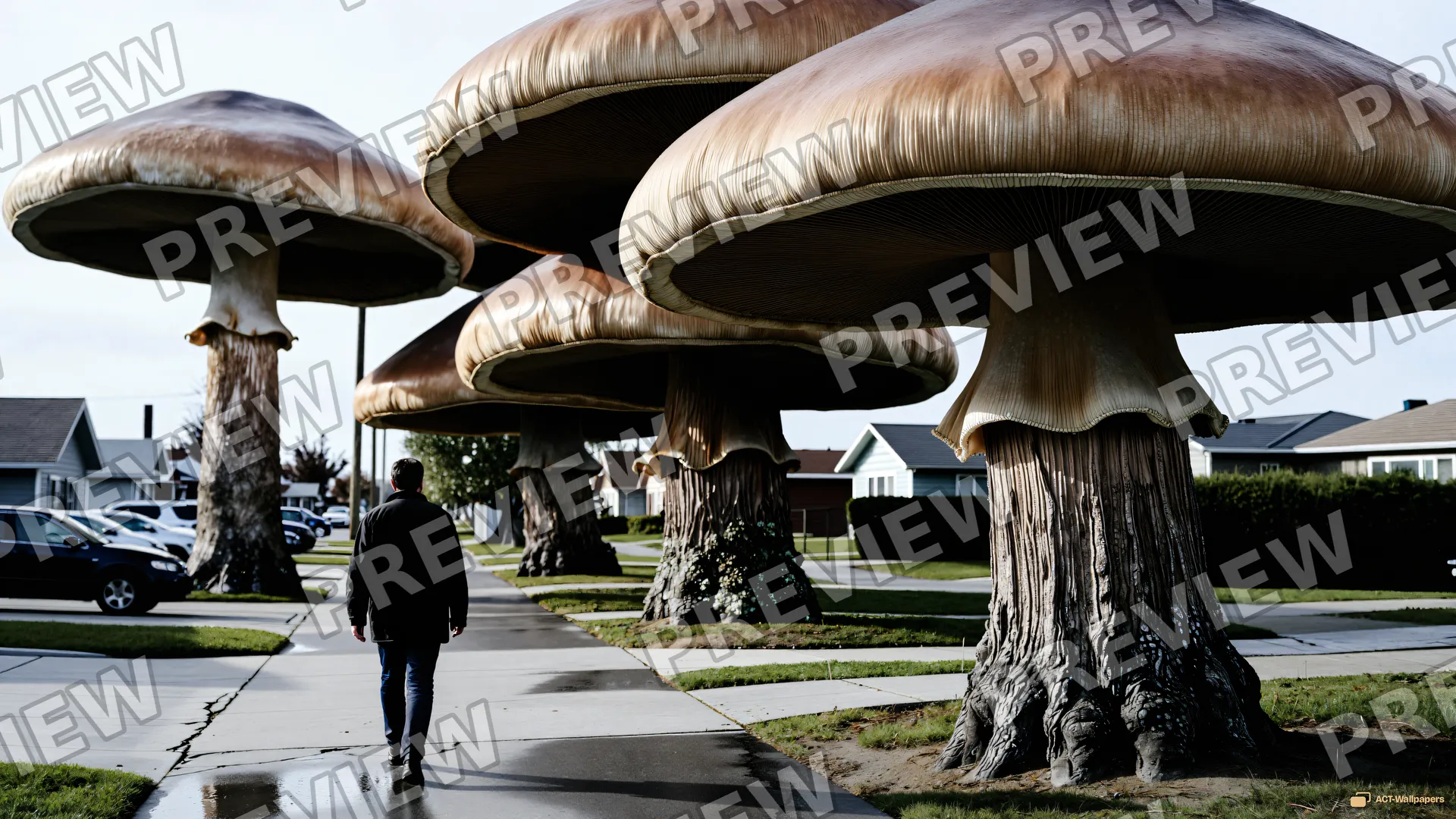 Suburban Fungal Giants — Giant mushroom forest 4K wallpaper