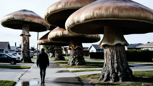 Suburban Fungal Giants — Giant mushroom forest 4K wallpaper