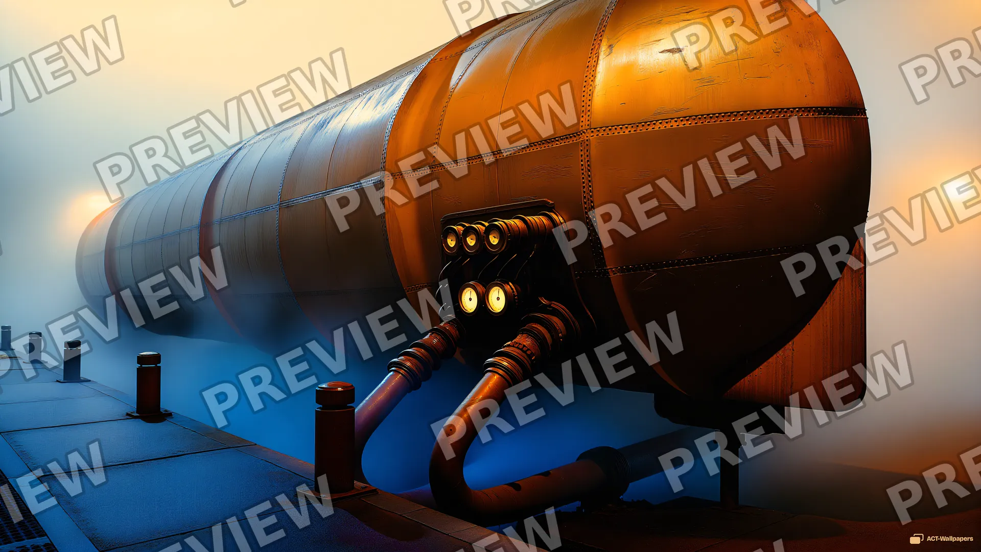 Brass Fog Dock — Steampunk machines 4K wallpaper